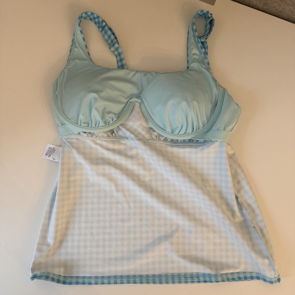 Lands End Square Neck Tankini Womens Size 14D Swimsuit Top Blue Gingham Check - Picture 6 of 12